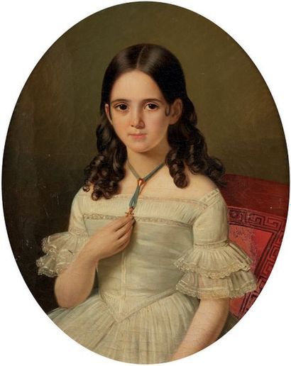 Ecole Francaise vers 1840 
Portrait of a young woman in a white
dress On her original...