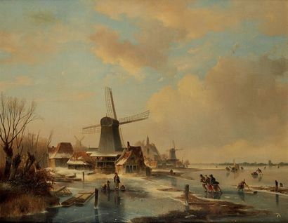 Nicolaas Johannes ROOSENBOOM (Amsterdam 1805-1880) 
Mills and skaters
Panel, one...