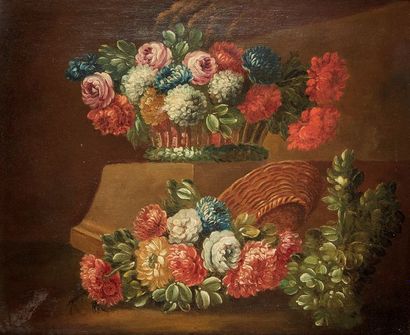 École ITALIENNE du début du XIXe siècle 
Panier de fleurs
Paire de toiles.
53,5 x...