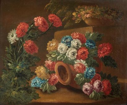 École ITALIENNE du début du XIXe siècle 
Basket of flowers Pair
of canvases.
53.5...