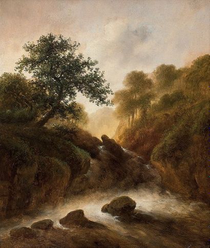Attribué à Alexandre CALAME (1810-1864) 
Paysage boisé de foret à la cascade
Panneau.
Porte...