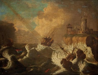 Ecole Hollandaise du début du XiXE siècle 
Boats on a rough
sea Canvas.
51 x 65.5...