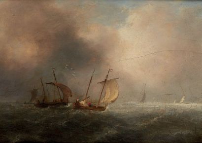 John James WILSON (Londres 1818-Kent 1875) 
Sailboats on a rough sea
Panel, one board,...
