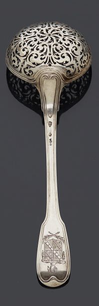 null Silver sprinkling spoon, net model, spatula engraved with coat of arms under...