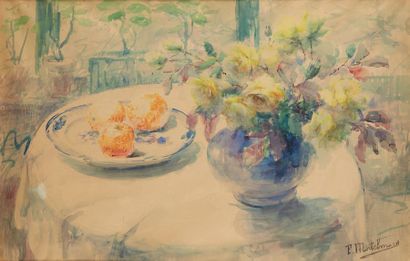 frans mortelmans (1865-1936) 
Grande aquarelle figurant une nature morte aux fleurs.
63...