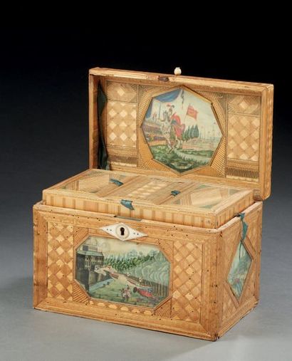 null Box in straw marquetry decorated with cubes on points, diamonds and compound...