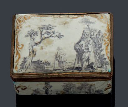 null Enamel box with gilded copper frame decorated with country scenes in grisaille...