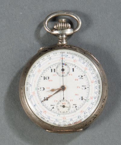 null Silver pocket watch with tachometer, enamelled dial with Arabic numerals, gilded...