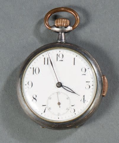 null Steel pocket watch with quarter-repeater, enamelled dial with Arabic numerals,...