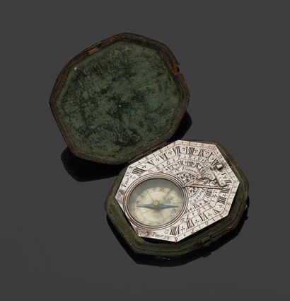 null Butterfield" pocket sundial in silver with octagonal plate engraved with time...