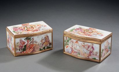 null Pair of large porcelain boxes with richly decorated painted park scenes with...