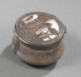 null Small circular silver box covered with stingray; the lid decorated with ruins...