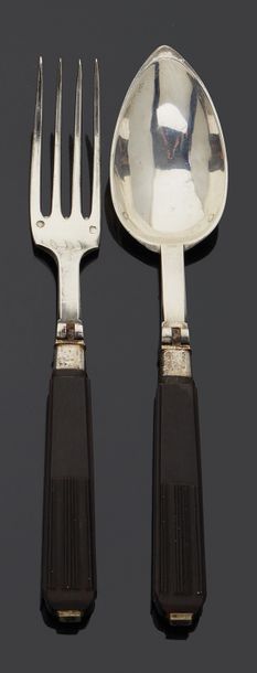 null Travel cutlery folding the silver spoon and forked spoon, the handles in striated...