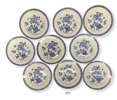 CHINE Set of nine porcelain plates decorated in blue underneath covered with different...