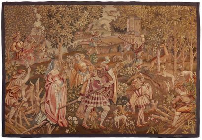 AUBUSSON XIXE SIÈCLE 
Tapestry representing a hunting scene from the Middle Ages.
Size:...