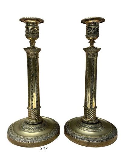 null Pair of candlesticks in chased and partially gilded bronze, the drums with alternating...