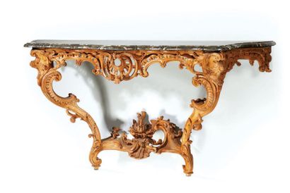 null Important console in molded and carved oak with rich rockery decoration pierced...