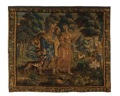 Aubusson XVIIIe siècle 
Large green tapestry, representing Diane chasseesse.
260...