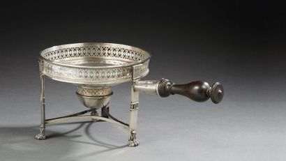 null Large neo-classical silver table stove, set on three pilaster legs topped with...