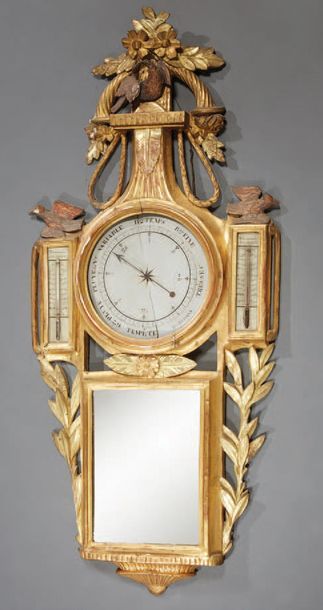 null A carved and gilded wooden barometer-thermometer with the theme of Love and...