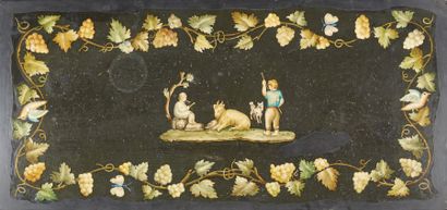 null Rectangular tray in scagliola with polychrome decoration of a pastoral scene...