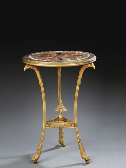 null Rare pedestal table in chased and gilded bronze and marble and hard stones;...