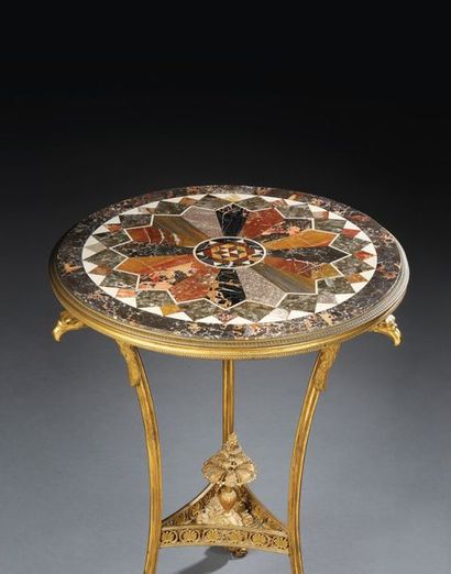 null Rare pedestal table in chased and gilded bronze and marble and hard stones;...