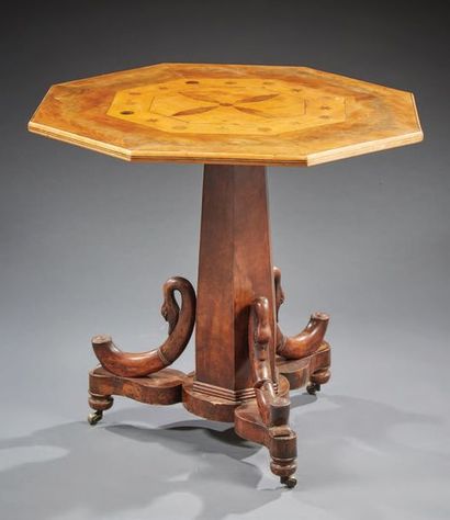 null Mahogany pedestal table with mahogany burl veneer; the octagonal tilting table...