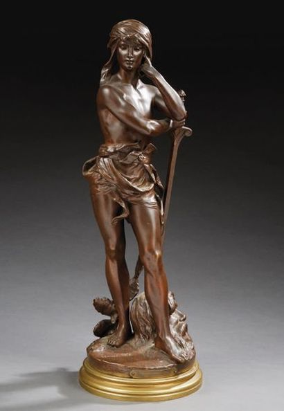 Henri PLÉ (d'après) 
Statuette en bronze à patine médaille représentant David ayant...