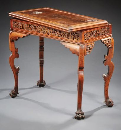 null Console forming a game table in stained and patinated sycamore; the board decorated...