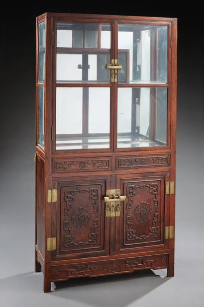 null Natural wood window cabinet moulded and carved with Chinese and rosette motifs;...
