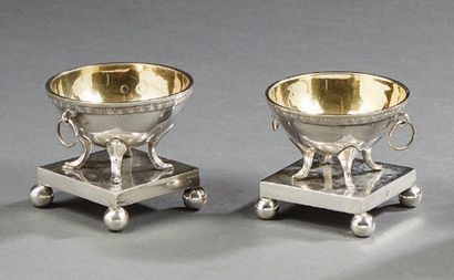 null Pair of neo-classical silver table salt shakers resting on a square base, the...