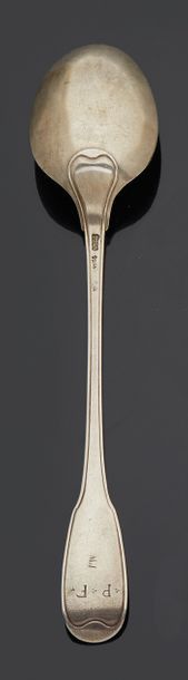 null Silver stew spoon, net model.
Cambrai 18th century.
Master Goldsmith: P.L.
Weight:...
