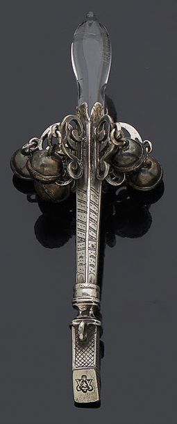 null Rare silver whistling rattle, guilloched hexagonal body holding six consoles...