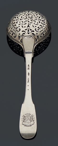null Silver sprinkling spoon, uniplat model, spatula engraved with a coat of arms...