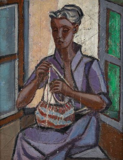 NIKOLAI ISAEV (1891-1977) Femme tricotant
Huile sur panneau vers 1930.
Dim.: 52 x...