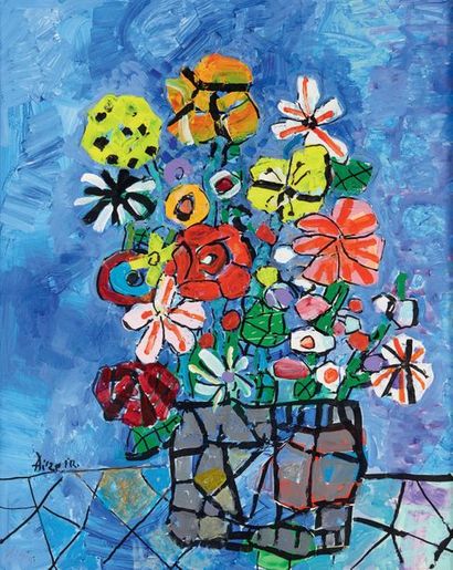 Paul AIZPIRI (1919-2016) Le bouquet de fleur sur fond bleu
Huile sur toile signée...
