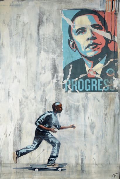 École contemporaine Obama.
Huile sur toile monogrammée MF.
Dim.: 91,5 x 59,5 cm.