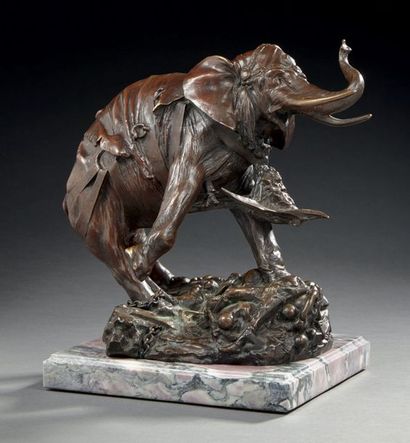 Théodore RIVIERE (1857-1912) L'éléphant d'Hamilcar.
Epreuve en bronze à patine brune...