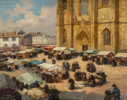 Henri Alphonse BARNOIN (1882-1940) Marché à Quimper.
Huile sur panneau signée en...