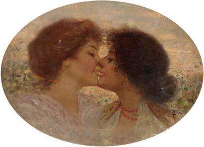 Cesare TROPEA (1861-1917) Deux femmes s'embrassant
Huile sur toile signée en bas...
