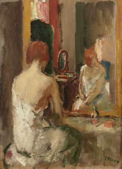 Marcel COSSON (1878-1956) Danseuse dans sa loge
Huile sur toile signée en bas à droite...