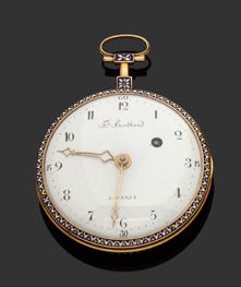 FERDINAND BERTHOUD à Paris Rare montre de gousset en or émaillé.
Boîtier rond, le...