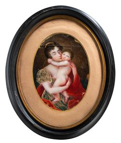 École FRANÇAISE du XVIIIe siècle Miniature sur ivoire figurant une femme à l'enfant.
Dim.:...