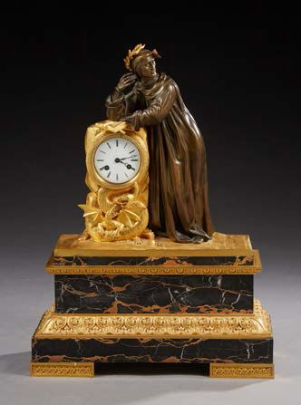 null Pendule en bronze ciselé, patiné ou doré, et marbre portor; représentant Dante...