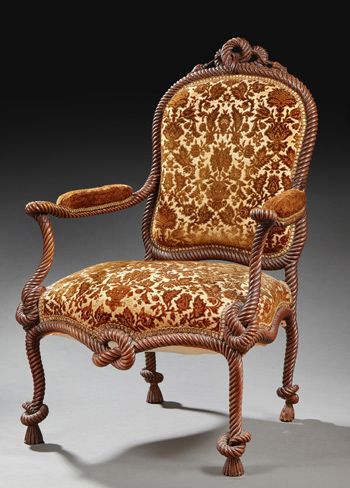 null Rare fauteuil à «cordages» en hêtre sculpté. XIXe siècle.
Garniture de velours...