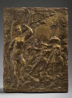 null Bas-relief en résineux sculpté et doré représentant le Supplice de Saint
Sébastien.
Italie,...