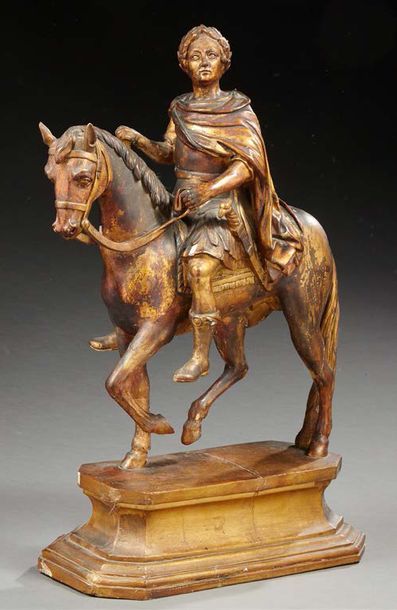 Edmé BOUCHARDON (d'après) Grande statue équestre en bois sculpté, mouluré ou doré,...