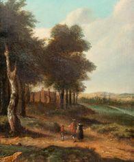 École HOLLANDAISE de la fin du XVIIIe siècle Promeneurs dans un paysage
Panneau de...
