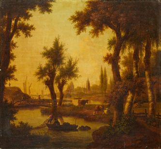 Attribué à Frans SWAGERS (1756-1836) Pêcheurs dans un paysage de campagne
Toile.
(sans...
